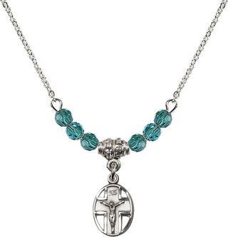 18" Rhodium Plated Necklace with 4mm Zircon Crystal Beads featuring a Sterling Silver Crucifix Medal.