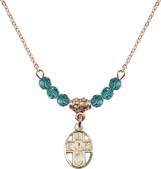 18" Hamilton Gold Plated Necklace with 4mm Zircon Crystal Beads featuring a 14kt Gold Filled 5-Way / Chalice Medal.