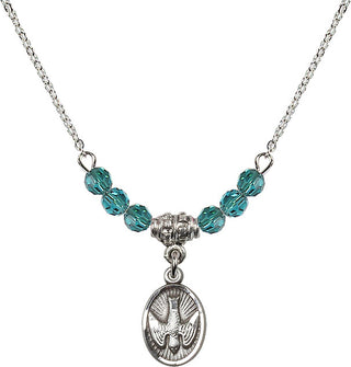 18" Rhodium Plated Necklace with 4mm Zircon Crystal Beads featuring a Sterling Silver Holy Spirit Medal.