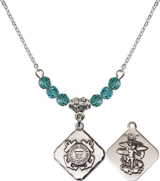18" Rhodium Plated Necklace with 4mm Zircon Crystal Beads featuring a Sterling Silver Coast Guard Diamond Medal.