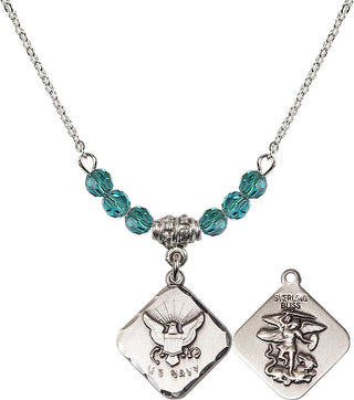 18" Rhodium Plated Necklace with 4mm Zircon Crystal Beads featuring a Sterling Silver Navy Diamond Medal.