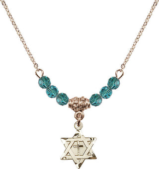 18" Hamilton Gold Plated Necklace with 4mm Zircon Crystal Beads featuring a 14kt Gold Filled Star of David with Cross Medal.