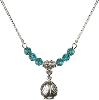 18" Rhodium Plated Necklace with 4mm Zircon Crystal Beads featuring a Sterling Silver Shell Medal.