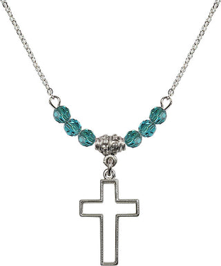 18" Rhodium Plated Necklace with 4mm Zircon Crystal Beads featuring a Sterling Silver Cross Medal.