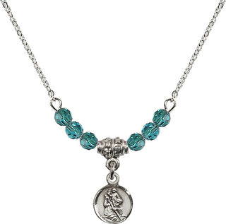 18" Rhodium Plated Necklace with 4mm Zircon Crystal Beads featuring a Sterling Silver Saint Christopher Medal.