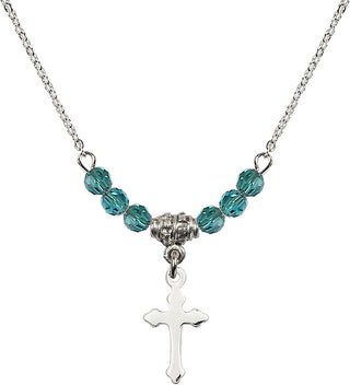 18" Rhodium Plated Necklace with 4mm Zircon Crystal Beads featuring a Sterling Silver Cross Medal.