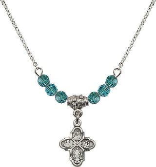 18" Rhodium Plated Necklace with 4mm Zircon Crystal Beads featuring a Sterling Silver 4-Way Medal.
