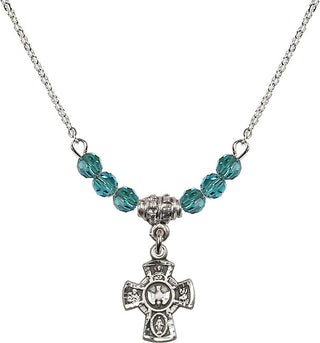 18" Rhodium Plated Necklace with 4mm Zircon Crystal Beads featuring a Sterling Silver 5-Way Medal.