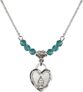 18" Rhodium Plated Necklace with 4mm Zircon Crystal Beads featuring a Sterling Silver Miraculous Heart Medal. Engraved Catholic Saint Jewelry