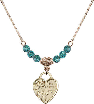 18" Hamilton Gold Plated Necklace with 4mm Zircon Crystal Beads featuring a 14kt Gold Filled Guardian Angel Heart Medal. Engraved Catholic Saint Jewelry