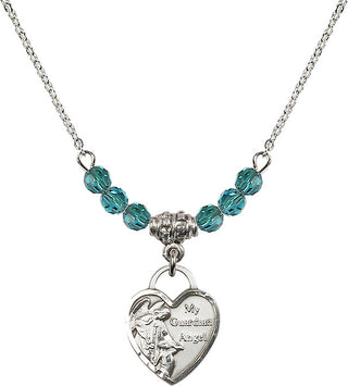 18" Rhodium Plated Necklace with 4mm Zircon Crystal Beads featuring a Sterling Silver Guardian Angel Heart Medal. Engraved Catholic Saint Jewelry