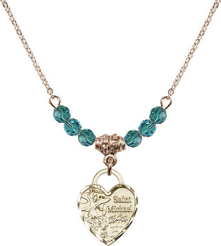 18" Hamilton Gold Plated Necklace with 4mm Zircon Crystal Beads featuring a 14kt Gold Filled Saint Michael Heart Medal. Engraved Catholic Saint Jewelry