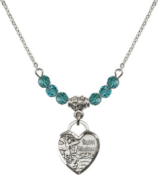 18" Rhodium Plated Necklace with 4mm Zircon Crystal Beads featuring a Sterling Silver Saint Michael Heart Medal. Engraved Catholic Saint Jewelry