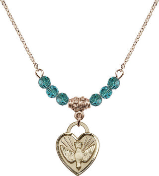 18" Hamilton Gold Plated Necklace with 4mm Zircon Crystal Beads featuring a 14kt Gold Filled Confirmation Heart Medal. Engraved Catholic Saint Jewelry