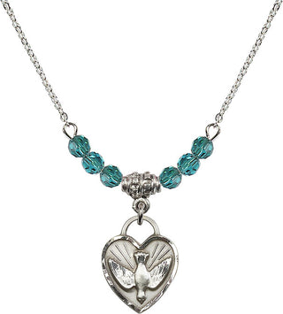 18" Rhodium Plated Necklace with 4mm Zircon Crystal Beads featuring a Sterling Silver Confirmation Heart Medal. Engraved Catholic Saint Jewelry