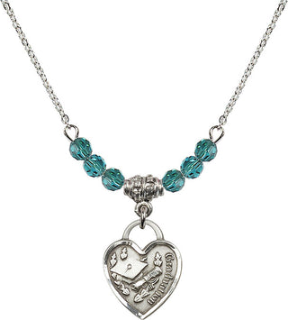 18" Rhodium Plated Necklace with 4mm Zircon Crystal Beads featuring a Sterling Silver Graduation Heart Medal. Engraved Catholic Saint Jewelry