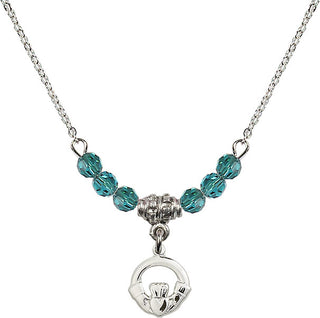 18" Rhodium Plated Necklace with 4mm Zircon Crystal Beads featuring a Sterling Silver Claddagh Medal.