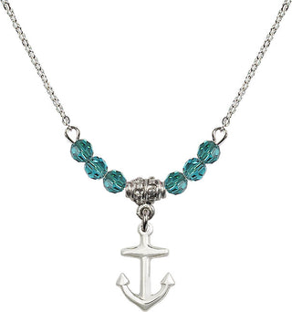 18" Rhodium Plated Necklace with 4mm Zircon Crystal Beads featuring a Sterling Silver Anchor Medal.