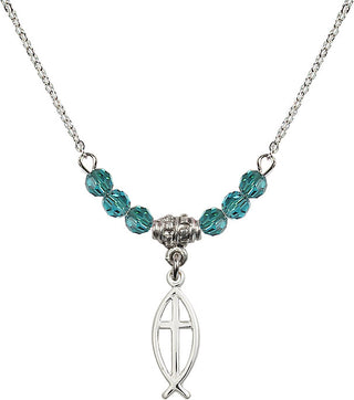 18" Rhodium Plated Necklace with 4mm Zircon Crystal Beads featuring a Sterling Silver Fish / Cross Medal.