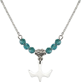 18" Rhodium Plated Necklace with 4mm Zircon Crystal Beads featuring a Sterling Silver Holy Spirit Medal.