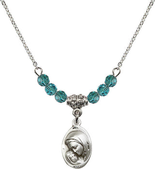 18" Rhodium Plated Necklace with 4mm Zircon Crystal Beads featuring a Sterling Silver Madonna & Child Medal.