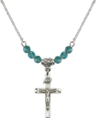 18" Rhodium Plated Necklace with 4mm Zircon Crystal Beads featuring a Sterling Silver Crucifix Medal.