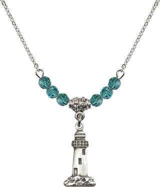 18" Rhodium Plated Necklace with 4mm Zircon Crystal Beads featuring a Sterling Silver Lighthouse Medal.