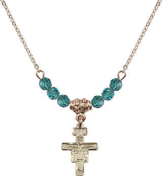 18" Hamilton Gold Plated Necklace with 4mm Zircon Crystal Beads featuring a 14kt Gold Filled San Damiano Crucifix Medal.