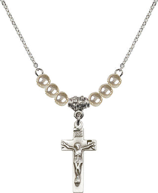 18" Rhodium Plated Necklace with 4mm Faux-Pearl Beads featuring a Sterling Silver Crucifix Medal.