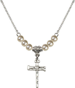 18" Rhodium Plated Necklace with 4mm Faux-Pearl Beads featuring a Sterling Silver Nail Cross Medal.