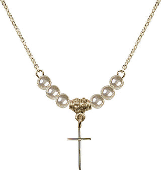 18" Hamilton Gold Plated Necklace with 4mm Faux-Pearl Beads featuring a 14kt Gold Filled Cross Medal.