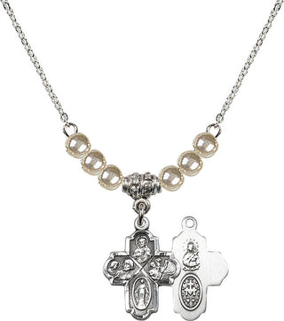 18" Rhodium Plated Necklace with 4mm Faux-Pearl Beads featuring a Sterling Silver 4-Way Medal.