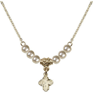 18" Hamilton Gold Plated Necklace with 4mm Faux-Pearl Beads featuring a 14kt Gold Filled 4-Way Medal.