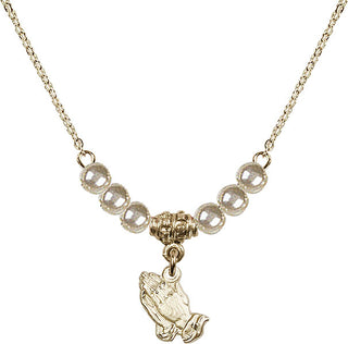 18" Hamilton Gold Plated Necklace with 4mm Faux-Pearl Beads featuring a 14kt Gold Filled Praying Hands Medal.