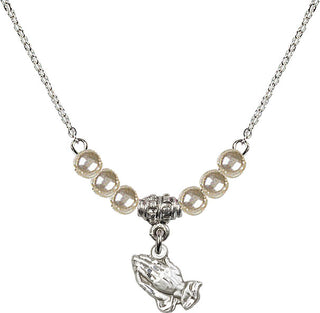 18" Rhodium Plated Necklace with 4mm Faux-Pearl Beads featuring a Sterling Silver Praying Hands Medal.