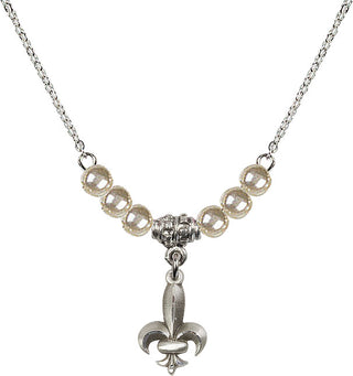 18" Rhodium Plated Necklace with 4mm Faux-Pearl Beads featuring a Sterling Silver Fleur de Lis Medal.