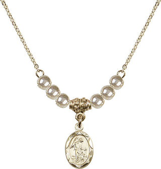 18" Hamilton Gold Plated Necklace with 4mm Faux-Pearl Beads featuring a 14kt Gold Filled Guardian Angel Medal.