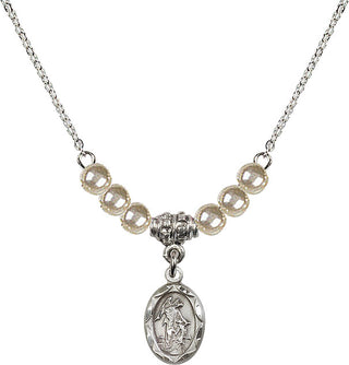 18" Rhodium Plated Necklace with 4mm Faux-Pearl Beads featuring a Sterling Silver Guardian Angel Medal.