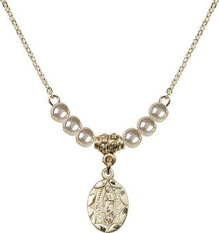 18" Hamilton Gold Plated Necklace with 4mm Faux-Pearl Beads featuring a 14kt Gold Filled Our Lady of Guadalupe Medal.