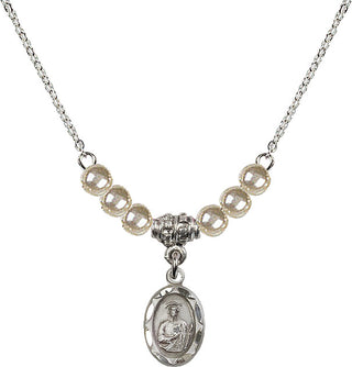 18" Rhodium Plated Necklace with 4mm Faux-Pearl Beads featuring a Sterling Silver Saint Jude Medal.