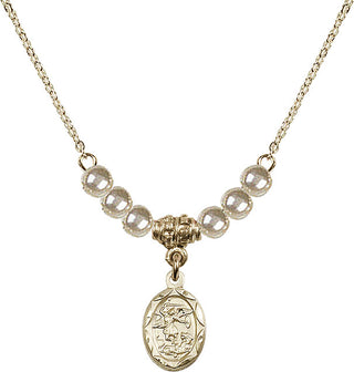 18" Hamilton Gold Plated Necklace with 4mm Faux-Pearl Beads featuring a 14kt Gold Filled Saint Michael the Archangel Medal.