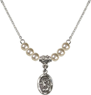 18" Rhodium Plated Necklace with 4mm Faux-Pearl Beads featuring a Sterling Silver Saint Michael the Archangel Medal.
