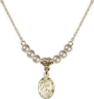 18" Hamilton Gold Plated Necklace with 4mm Faux-Pearl Beads featuring a 14kt Gold Filled Scapular Medal.