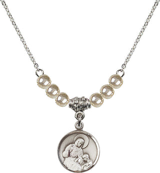 18" Rhodium Plated Necklace with 4mm Faux-Pearl Beads featuring a Sterling Silver Saint Ann Medal. Engraved Catholic Saint Jewelry