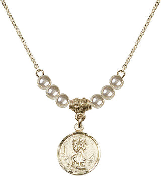 18" Hamilton Gold Plated Necklace with 4mm Faux-Pearl Beads featuring a 14kt Gold Filled Saint Christopher Medal. Engraved Catholic Saint Jewelry
