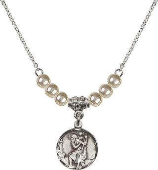 18" Rhodium Plated Necklace with 4mm Faux-Pearl Beads featuring a Sterling Silver Saint Christopher Medal. Engraved Catholic Saint Jewelry