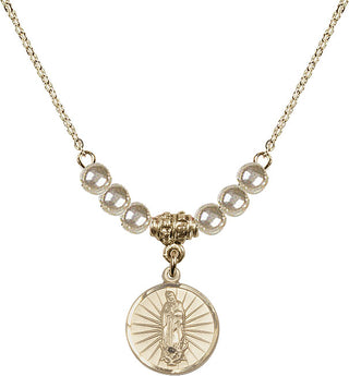 18" Hamilton Gold Plated Necklace with 4mm Faux-Pearl Beads featuring a 14kt Gold Filled Our Lady of Guadalupe Medal. Engraved Catholic Saint Jewelry