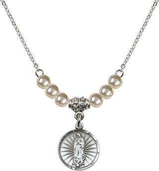 18" Rhodium Plated Necklace with 4mm Faux-Pearl Beads featuring a Sterling Silver Our Lady of Guadalupe Medal. Engraved Catholic Saint Jewelry