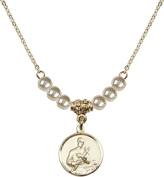 18" Hamilton Gold Plated Necklace with 4mm Faux-Pearl Beads featuring a 14kt Gold Filled Saint Gerard Medal. Engraved Catholic Saint Jewelry
