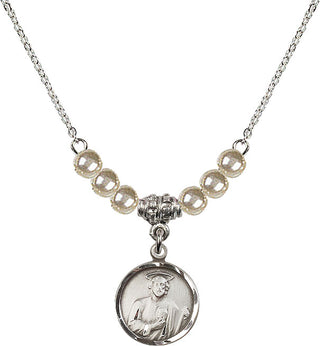 18" Rhodium Plated Necklace with 4mm Faux-Pearl Beads featuring a Sterling Silver Saint Jude Medal. Engraved Catholic Saint Jewelry